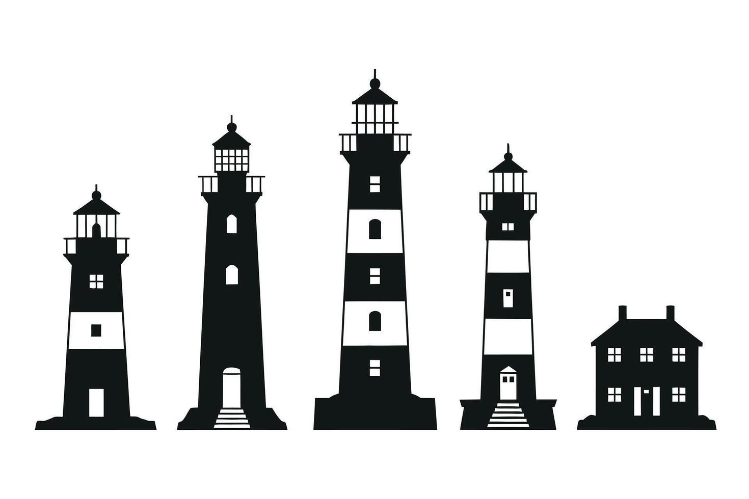 Black lighthouse silhouettes and coastal house building vector