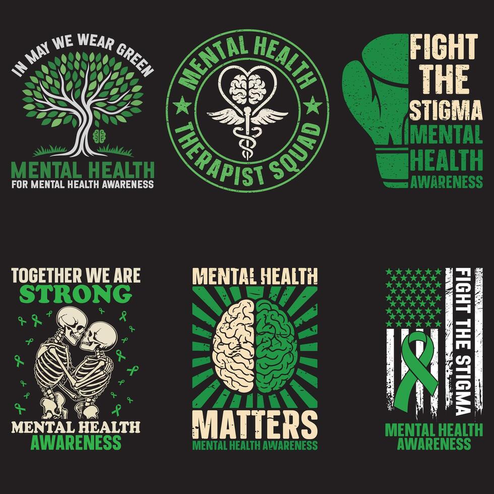 Bundle of Mental Health T-shirt , Positive Quotes Shirt, Green Mental Health Illustration, Self Love Tshirt, Self Care Clipart vector