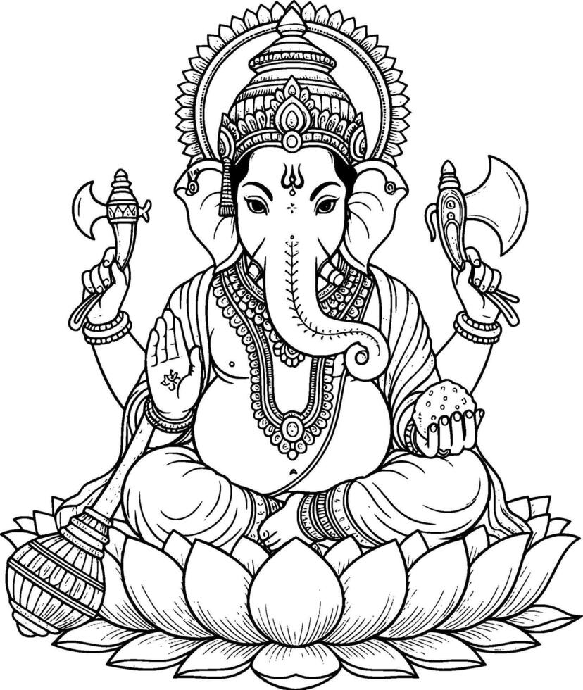 A black and white line art illustration of the Hindu God, Lord Ganesha. vector