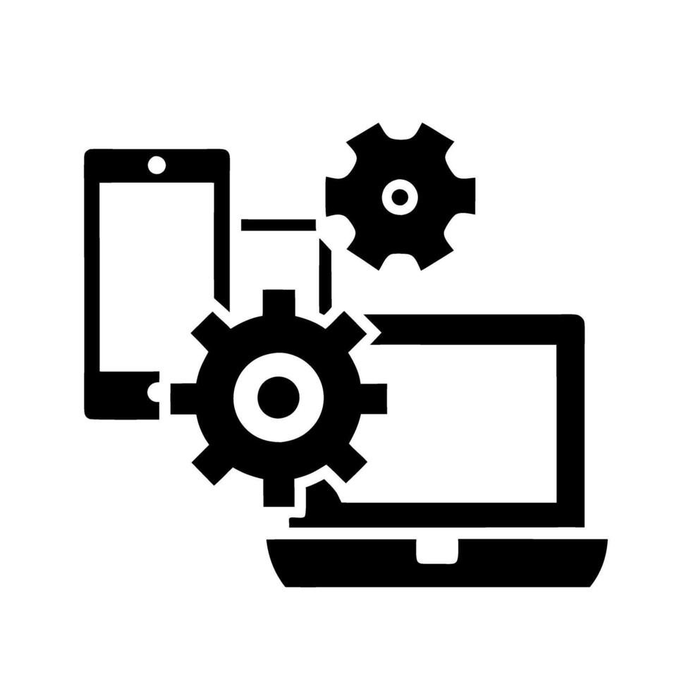 Digital gear icon featuring smartphone, laptop, and tech components, representing the future of technology and seamless integration tech icon vector