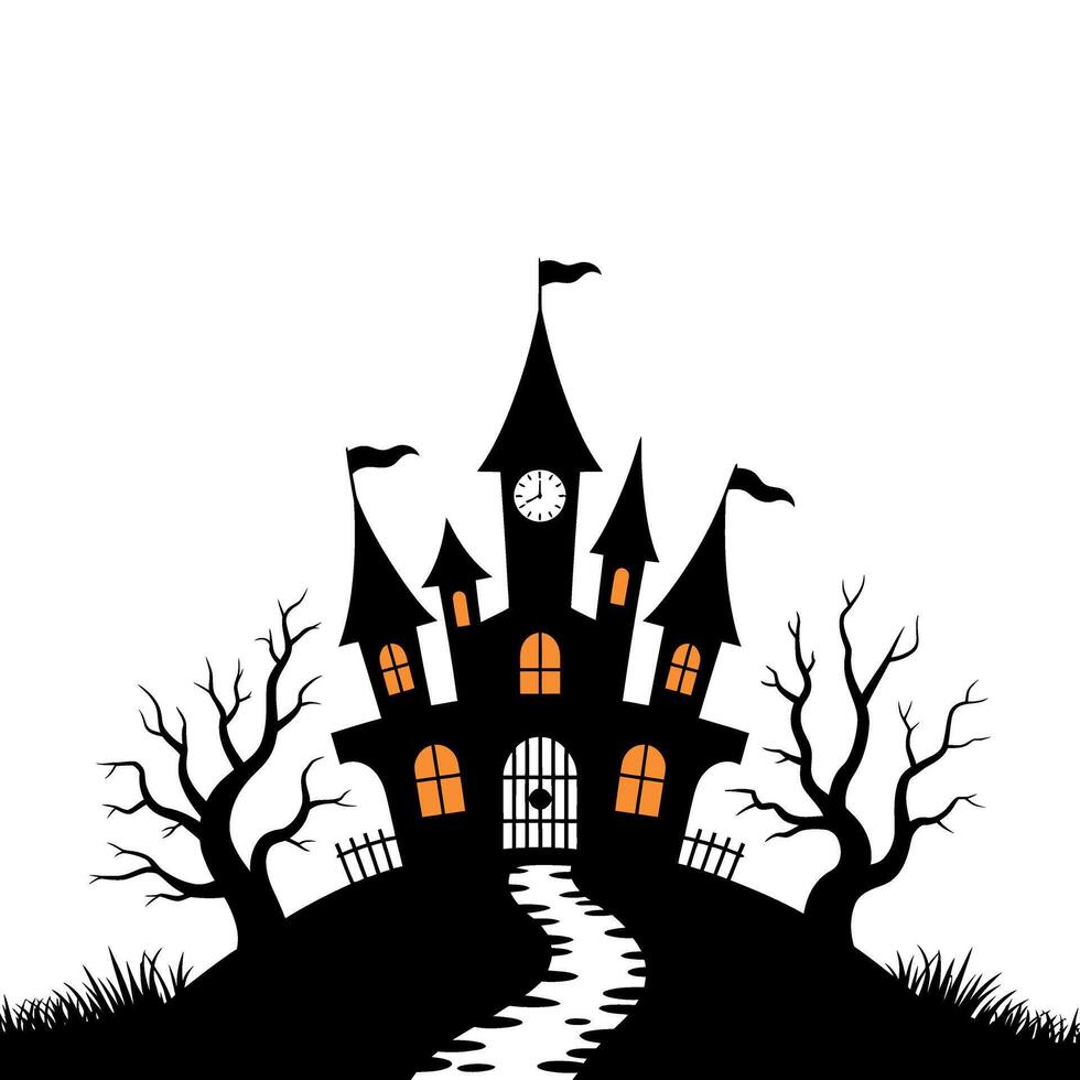 Spooky castle with bare trees and glowing halloween vector