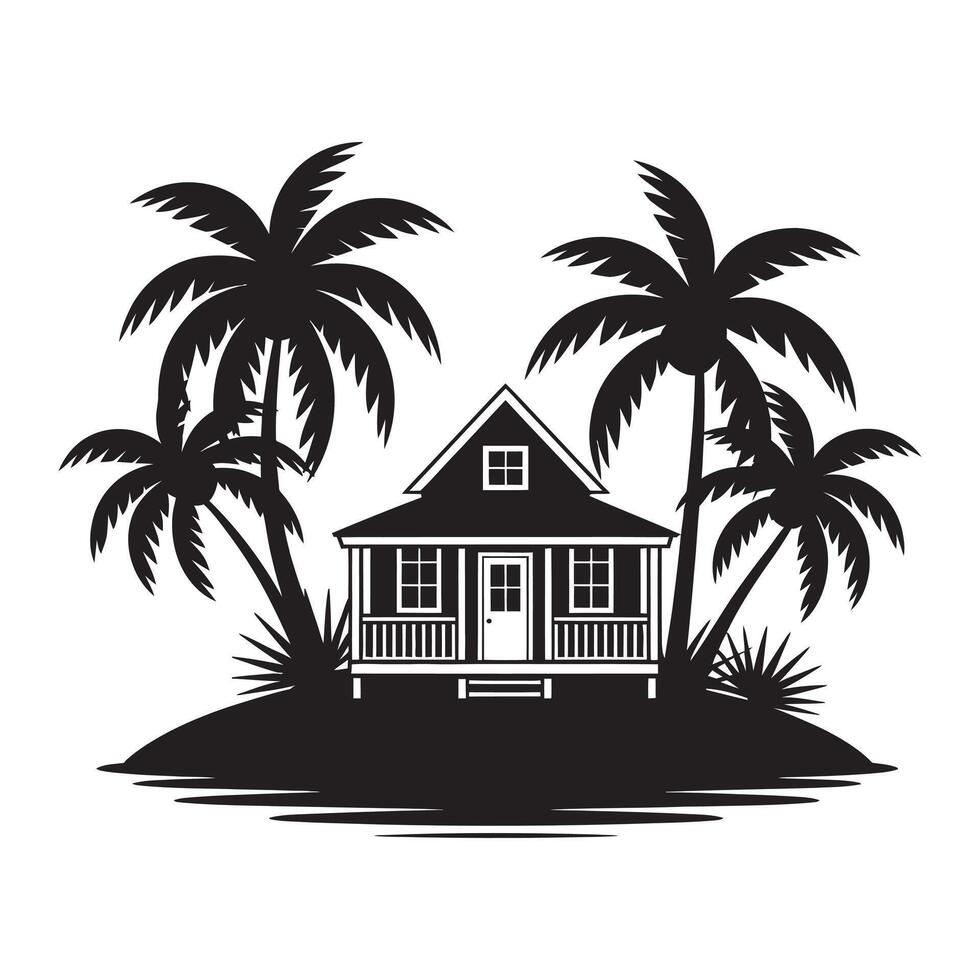 Tropical island bungalow with palm trees vacation, vector