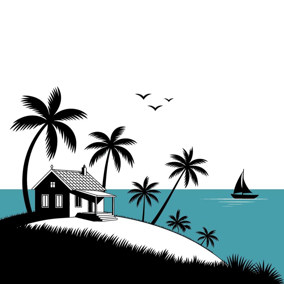 Tropical island house and sailboat ocean vector