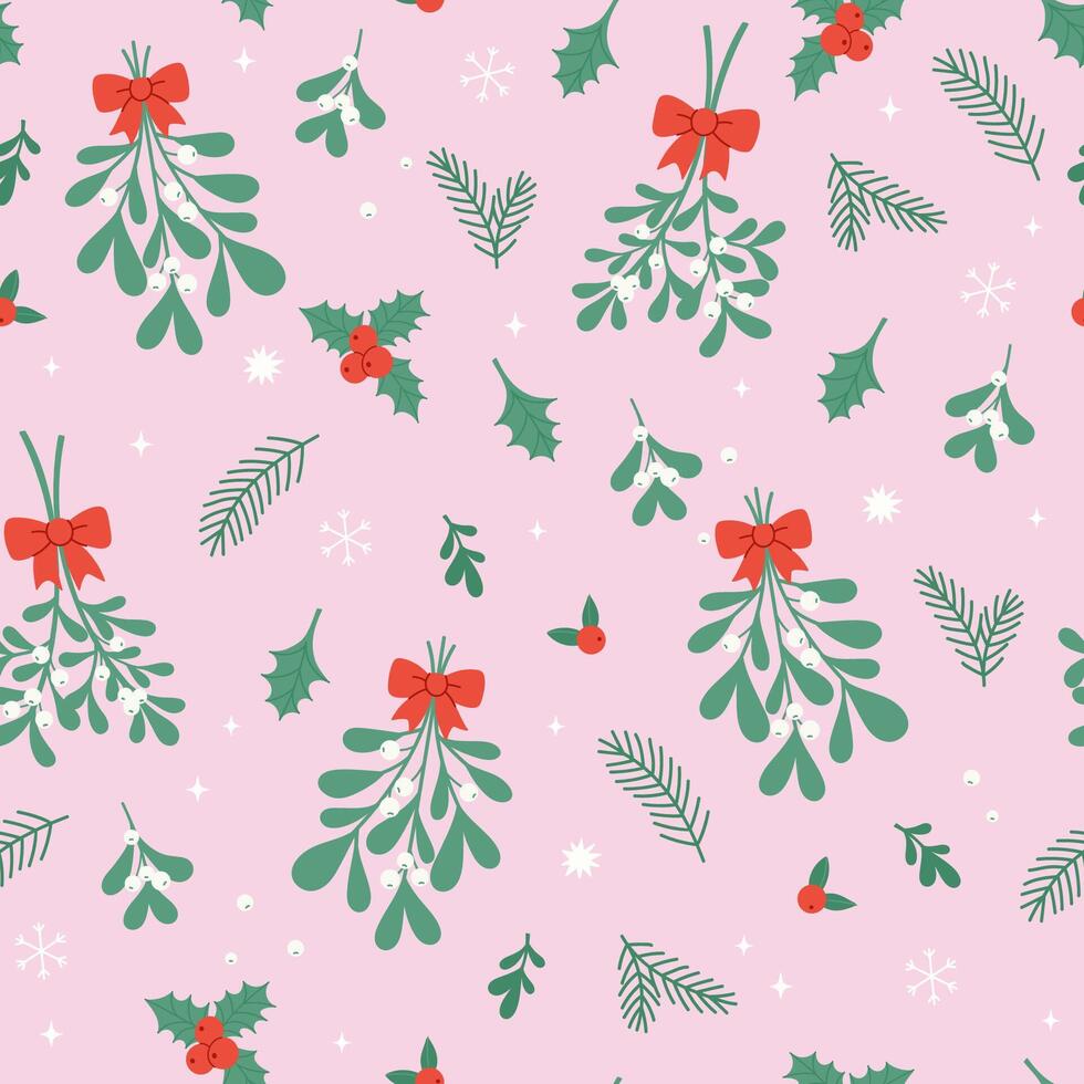 Seamless Christmas pattern with mistletoe and red bows. graphics. vector