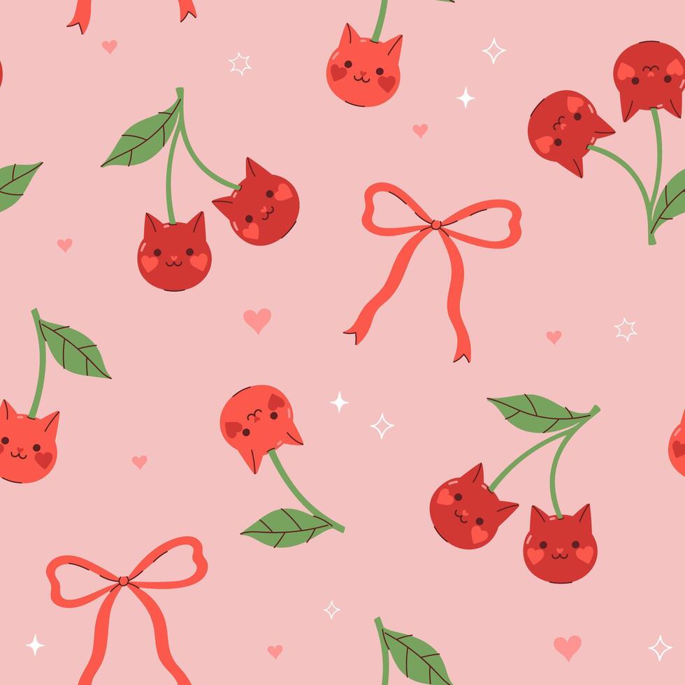 Seamless pattern with cats-cherries and bows. graphics. vector