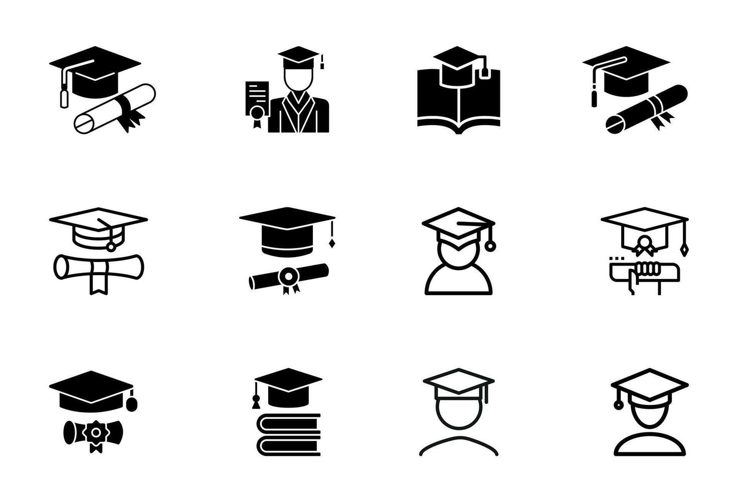 Collection of black silhouette graduation cap and education icons set, illustration vector