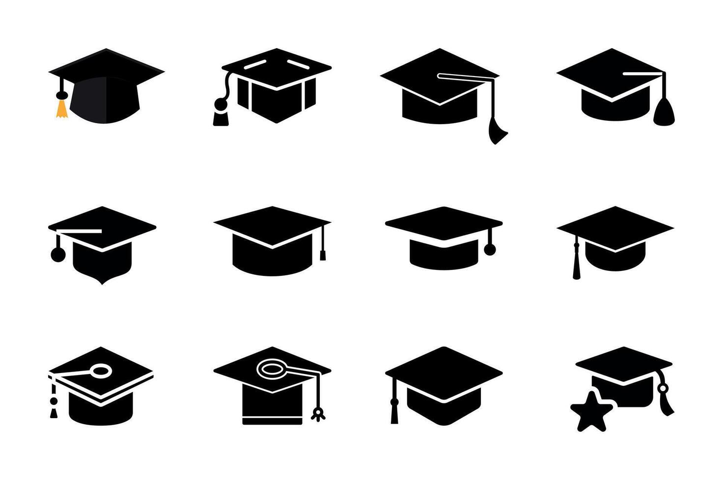 A versatile set of black education icons, featuring graduation caps, diplomas, and books, ideal for representing academic achievement and student success at school or university vector