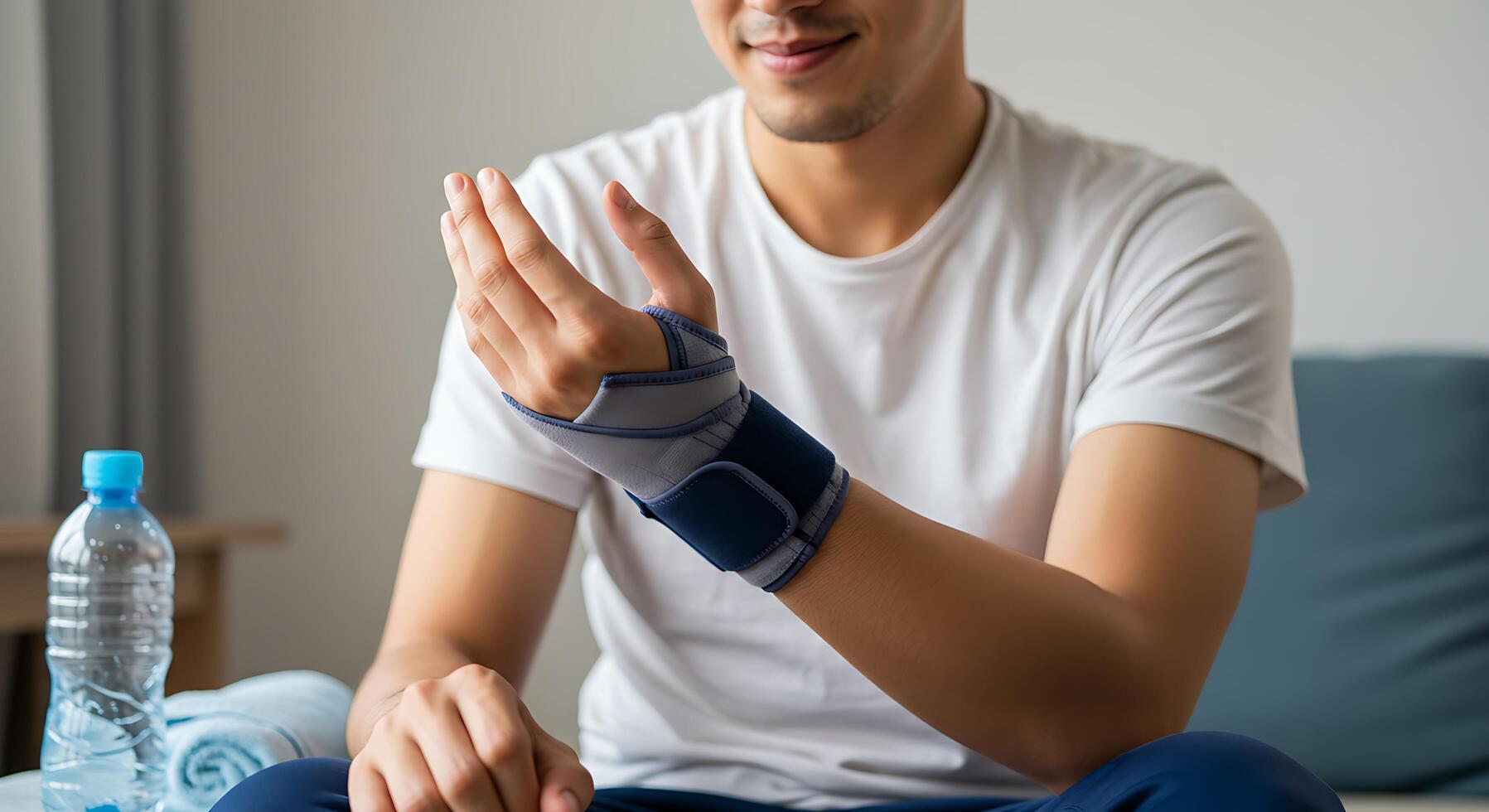 A man with a wrist brace sitting on a bed photo
