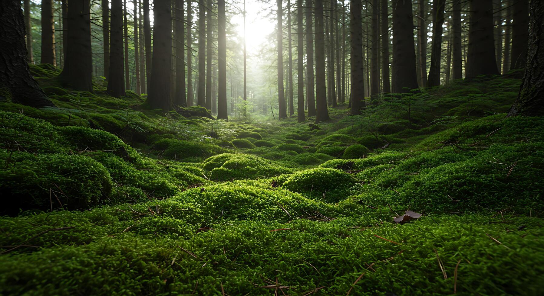 A forest with green moss and trees photo