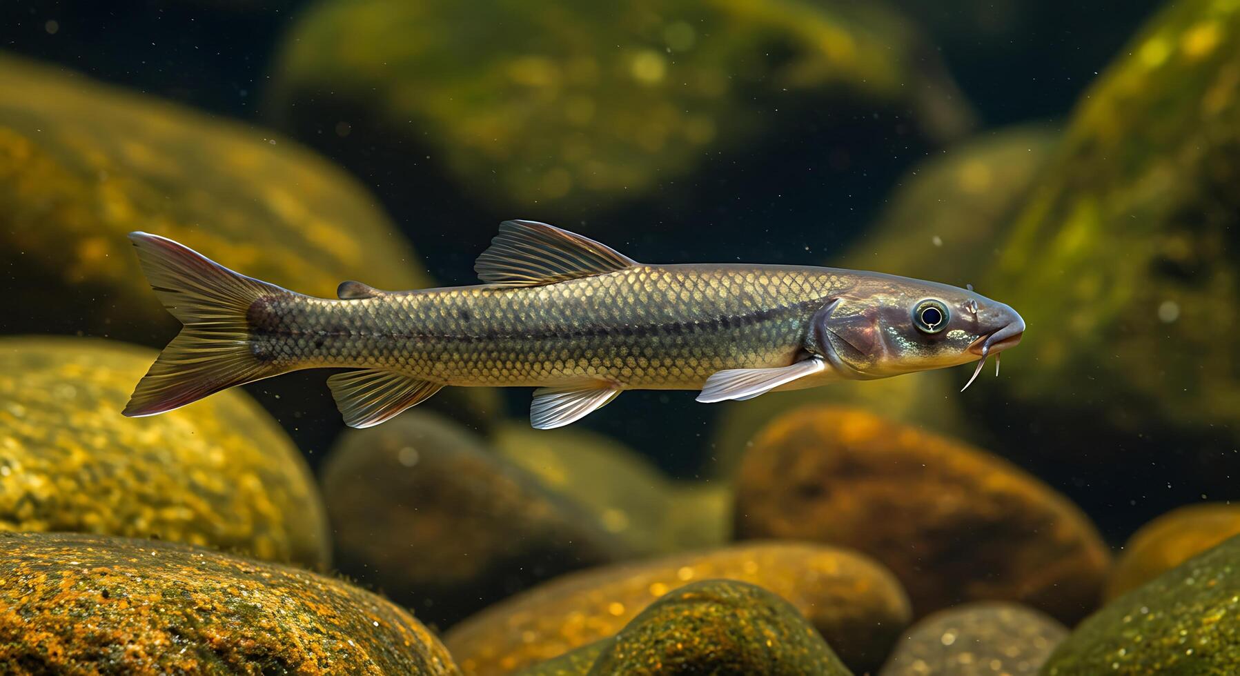 A fish swimming in the water near rocks photo