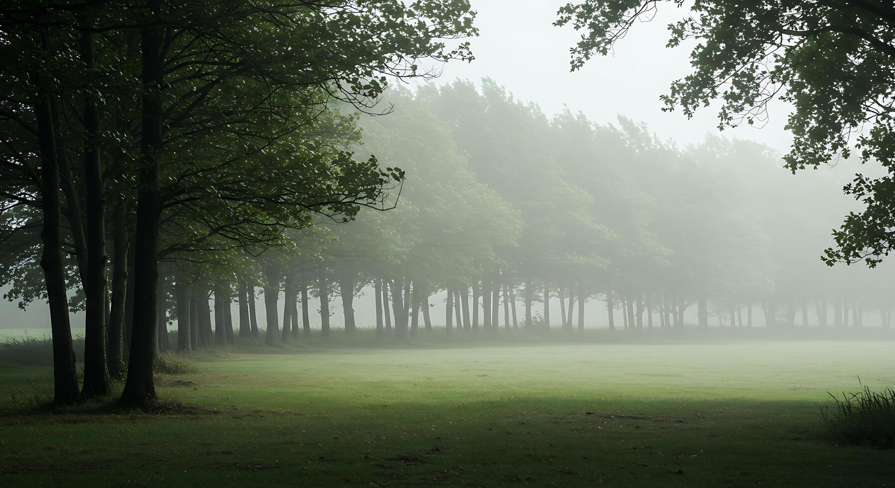 A field of trees in the fog photo
