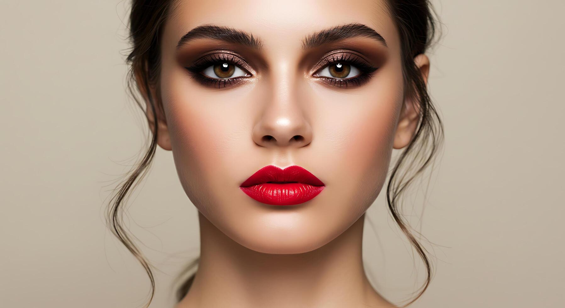 Beautiful woman with red lips and makeup photo