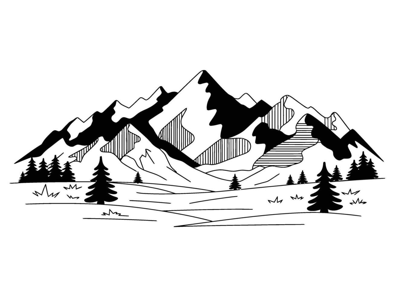 A black and white drawing of mountains and trees vector