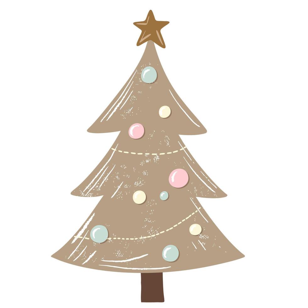 Beige christmas tree with pastel toys. Hand drawn winter illustration in soft style for cozy holiday design vector
