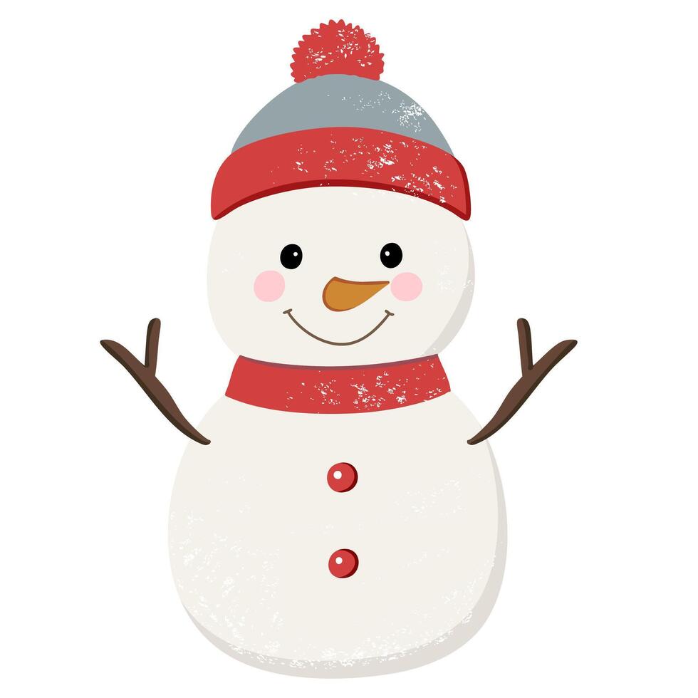 Cute cartoon snowman in hat and scarf. Hand drawn snowman christmas illustration. vector