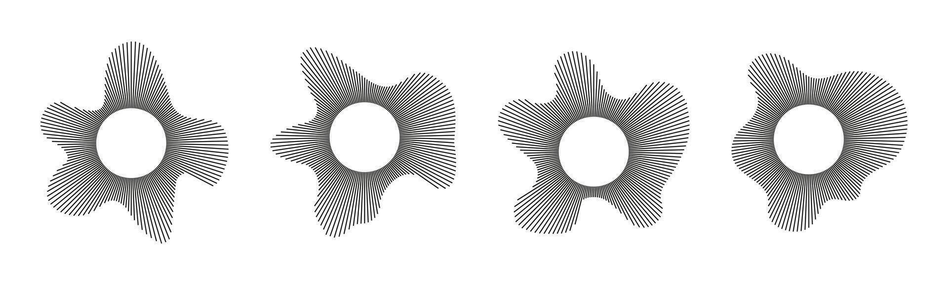 Circular waves set. Sound lines. Voice symbol. Radial, wavy frames. Sound circle ring. Radial rays patterns. Depicting audio music flat design element. Equalizers logo icon, radial spectrum. vector