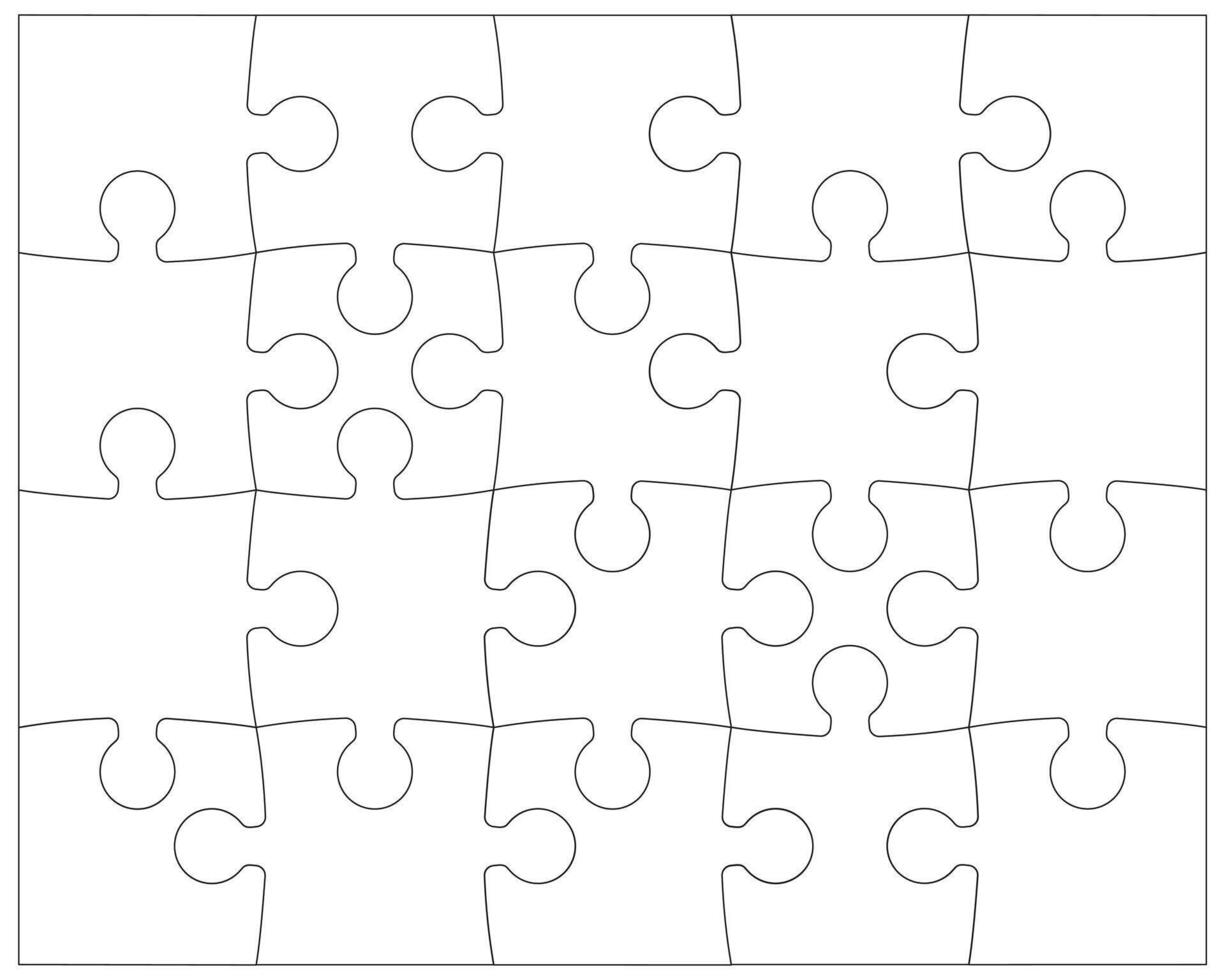 Puzzle pieces rectangle black thin contour. Jigsaw puzzle game template with angles. Outlines puzzle pieces, adjustable, editable mockup. vector