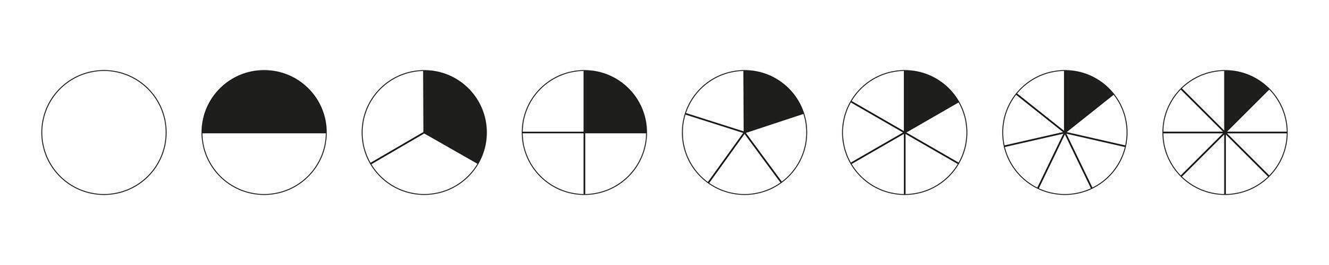Circle division on from 1 to 8 equal parts. Pizza, pie charts. Round divided diagrams with from one to eight segments. Set of Infographic, coaching blanks. Segmented pinwheel black and white elements. vector