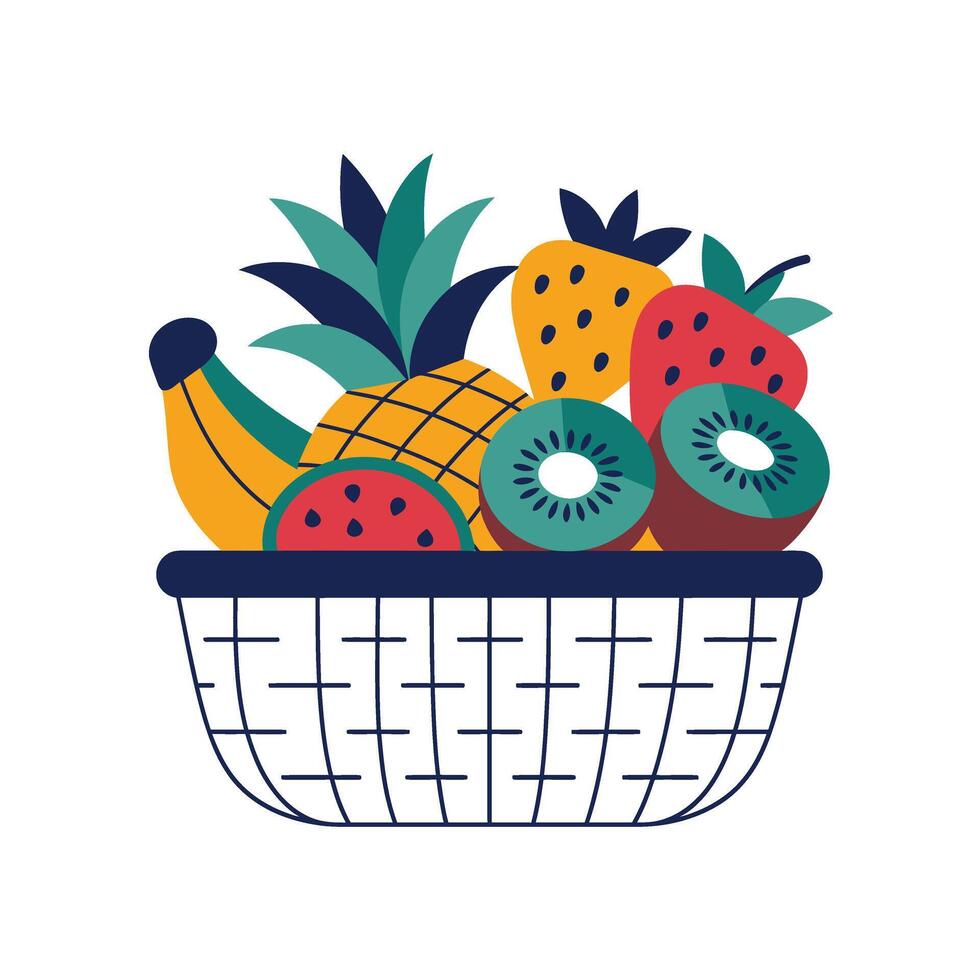 Fruit basket with kiwi, pineapple, banana, mango, strawberry, kiwi, vector