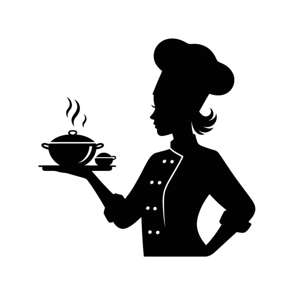 A silhouette of a woman holding a pot with a bowl of food vector