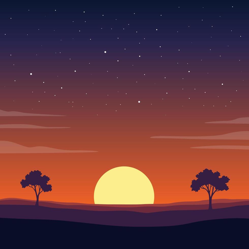Illustration of a Sunset in the Evening and a Sky Filled with Stars vector