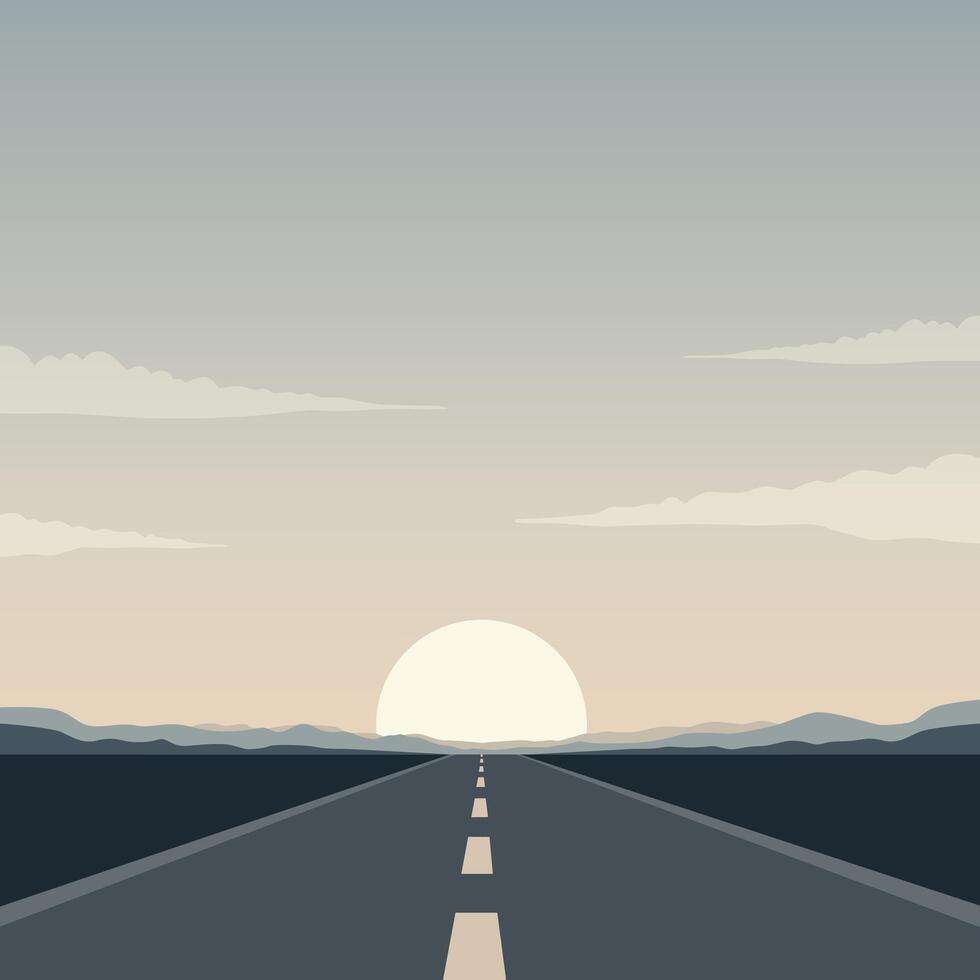 Illustration of a straight road with a background of mountains and the sun and some clouds above it vector