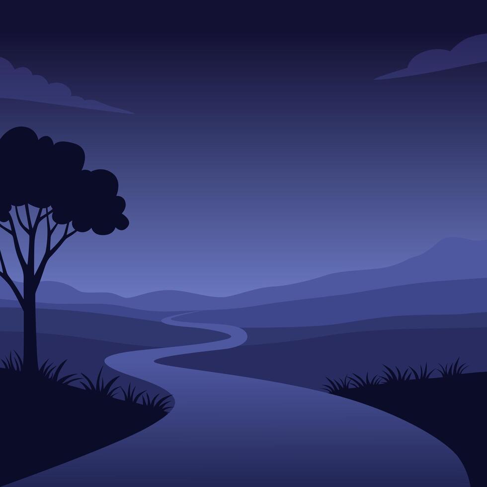 Illustration Design of Night Scene with Curved Road and One Tree Beside It vector