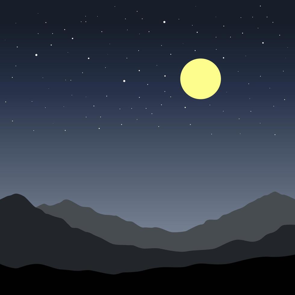 Flat Design of Mountains and Moon Scene Filled with Stars vector