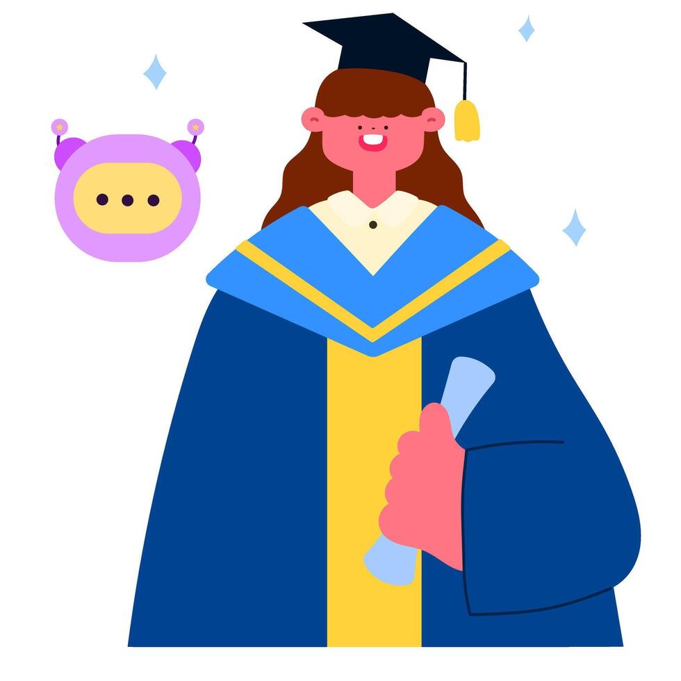 Happy graduate woman in cap and gown, standing next to AI icons, representing achievement through AI assisted education and digital innovation vector