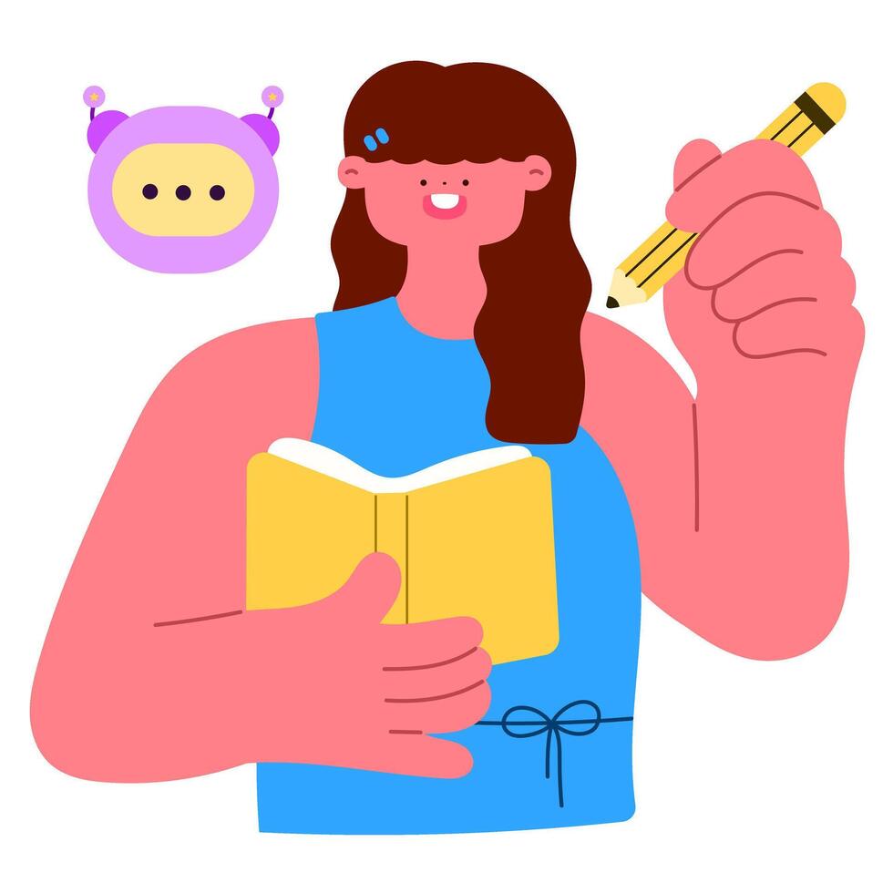 Happy woman holding a book and pencil with AI element, concept of smart learning, study support, and artificial intelligence assistance flat illustration vector