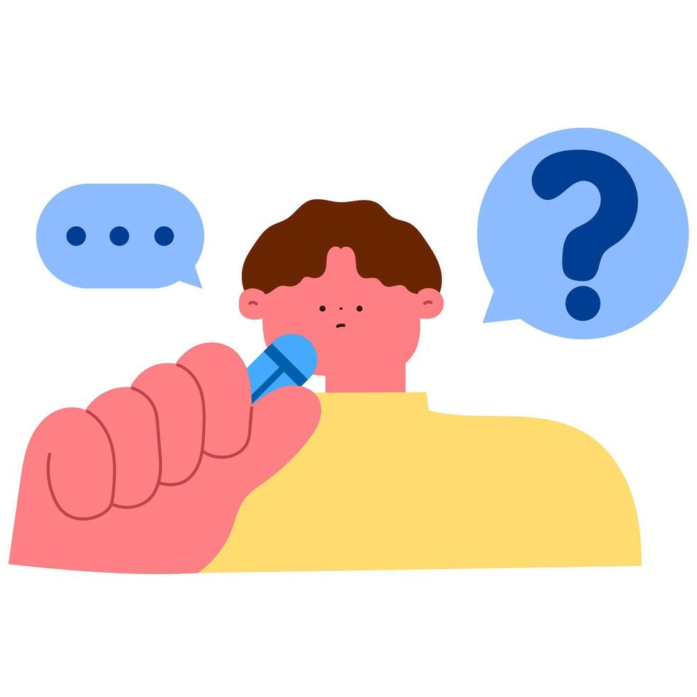 Creative thinking and decision making male character with question mark and speech bubble, flat concept vector
