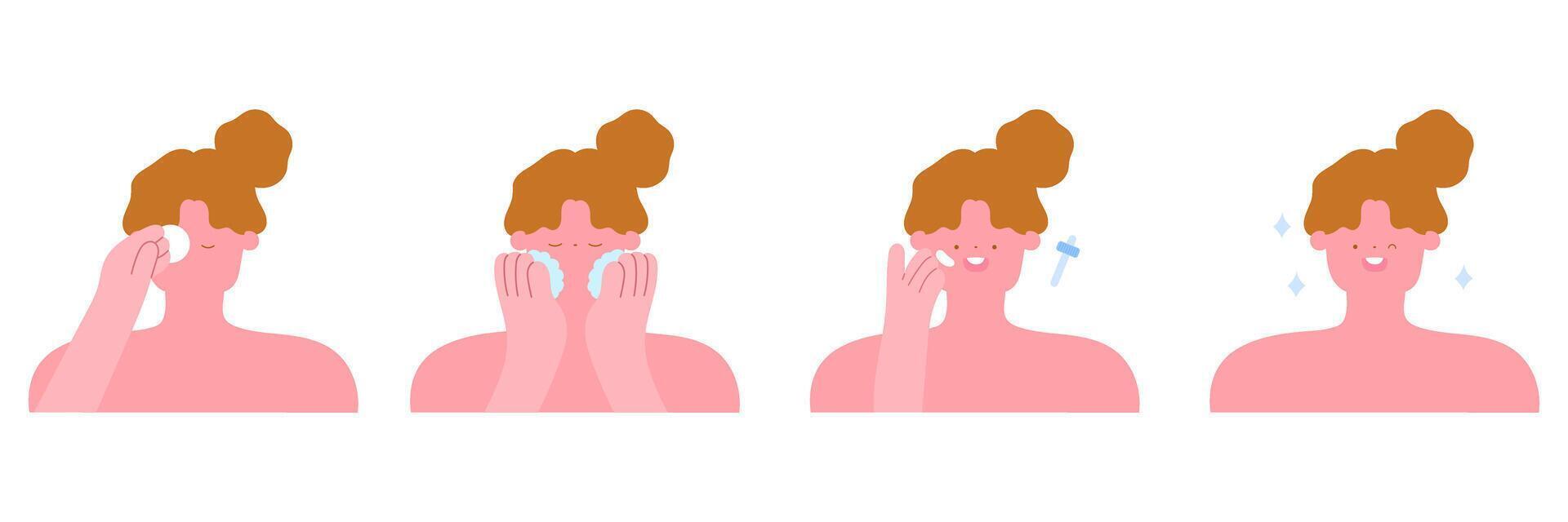 set of woman removing makeup, washing face and applying skincare vector