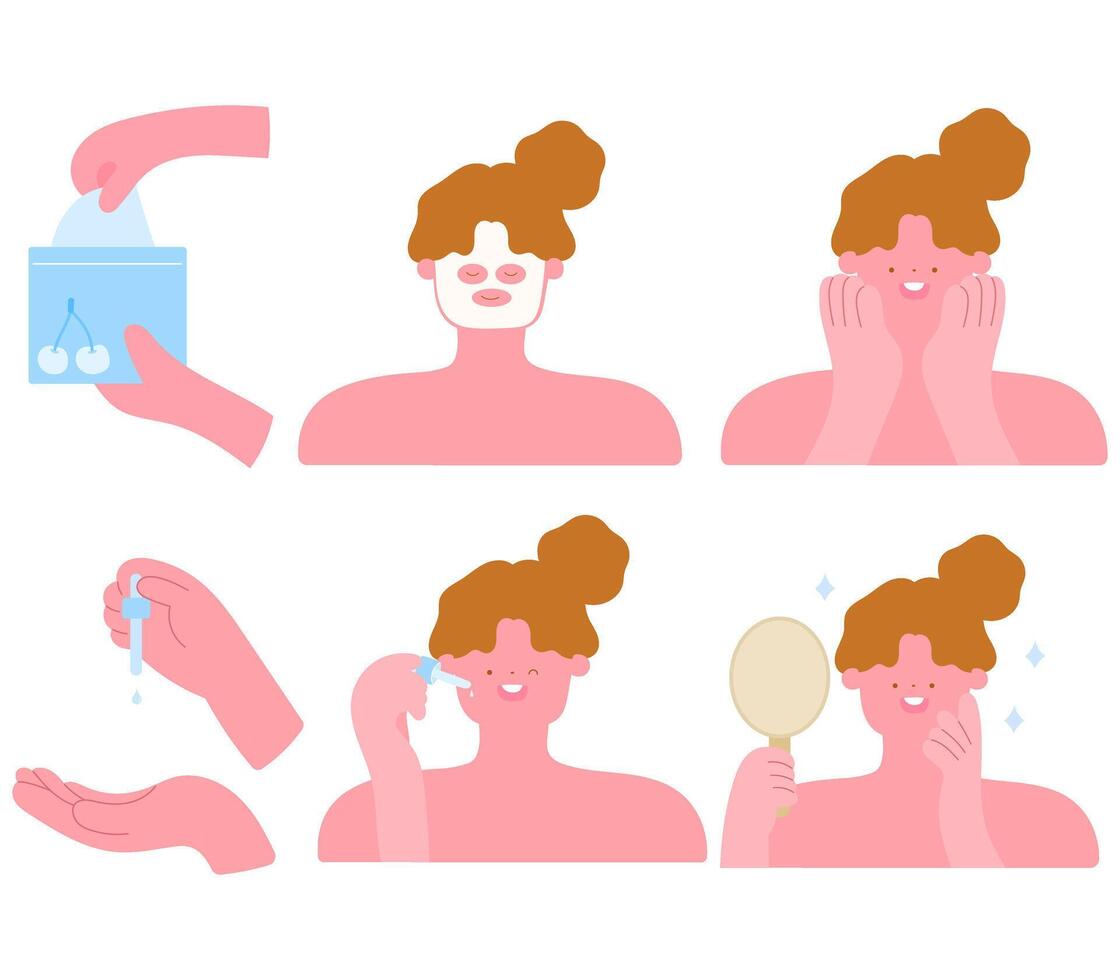 set of skincare routine with woman applying mask, facial massage and using serum vector