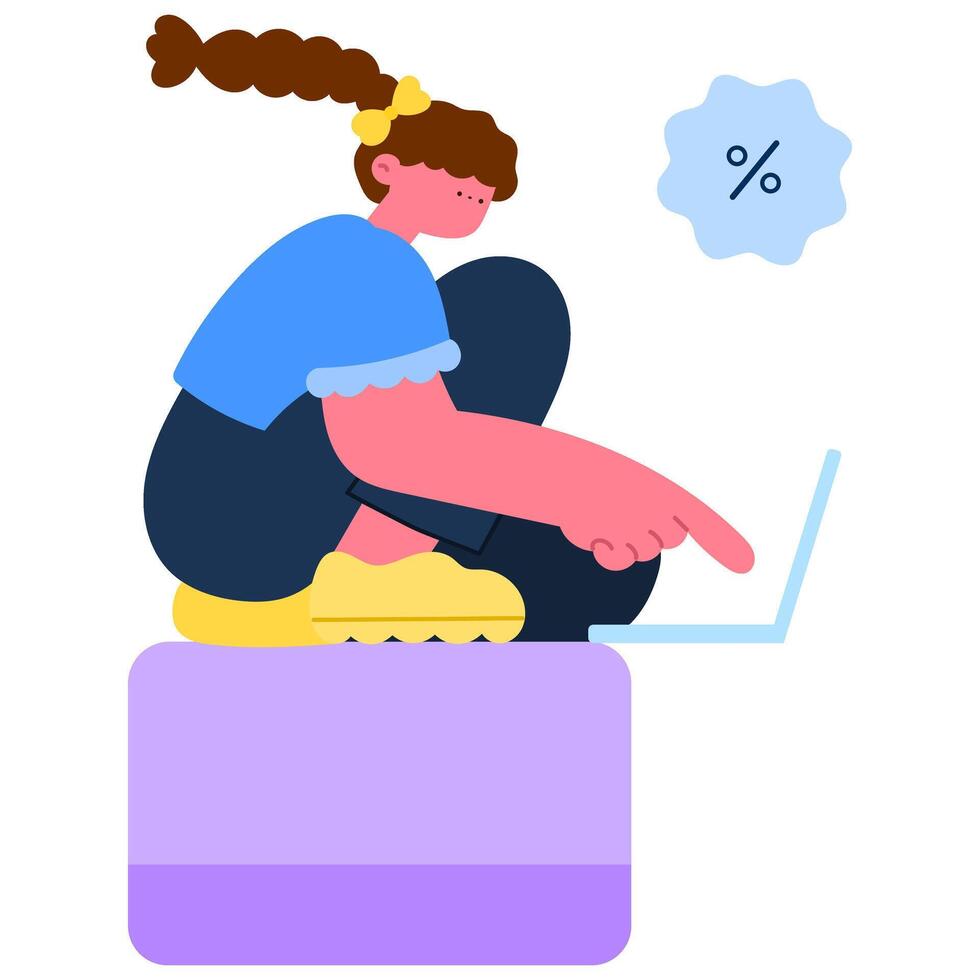 Woman sitting on a payment card with laptop and discount tag, e-commerce and digital payment flat illustration vector