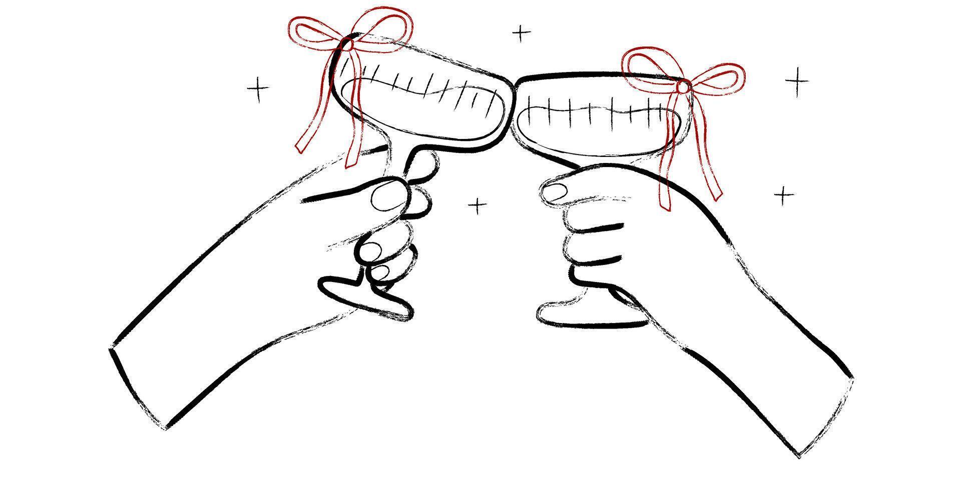 hands clinking wine or champagne glasses in hand drawn doodle style, celebration concept vector