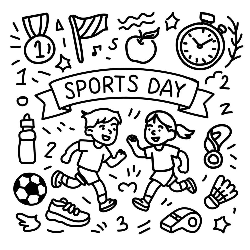 Sports day doodle with kids running, medals, stopwatch, soccer ball, whistle and sneakers in black and white style vector