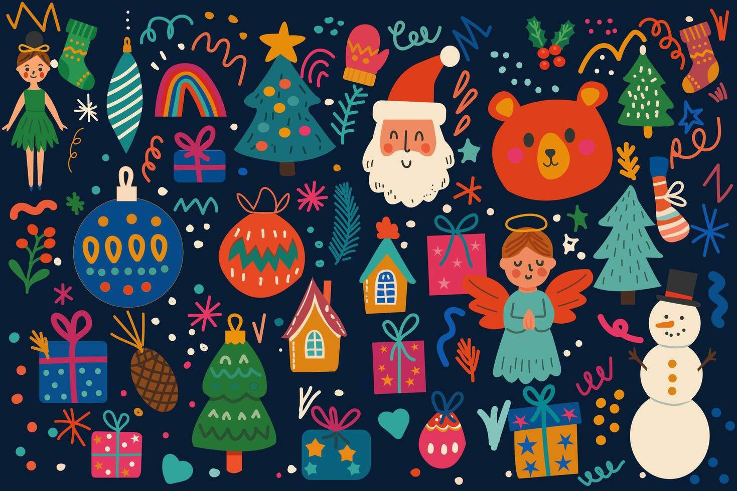 New Year doodle banner with Santa Claus, Christmas trees, gifts, snowman, decorations and holiday elements vector