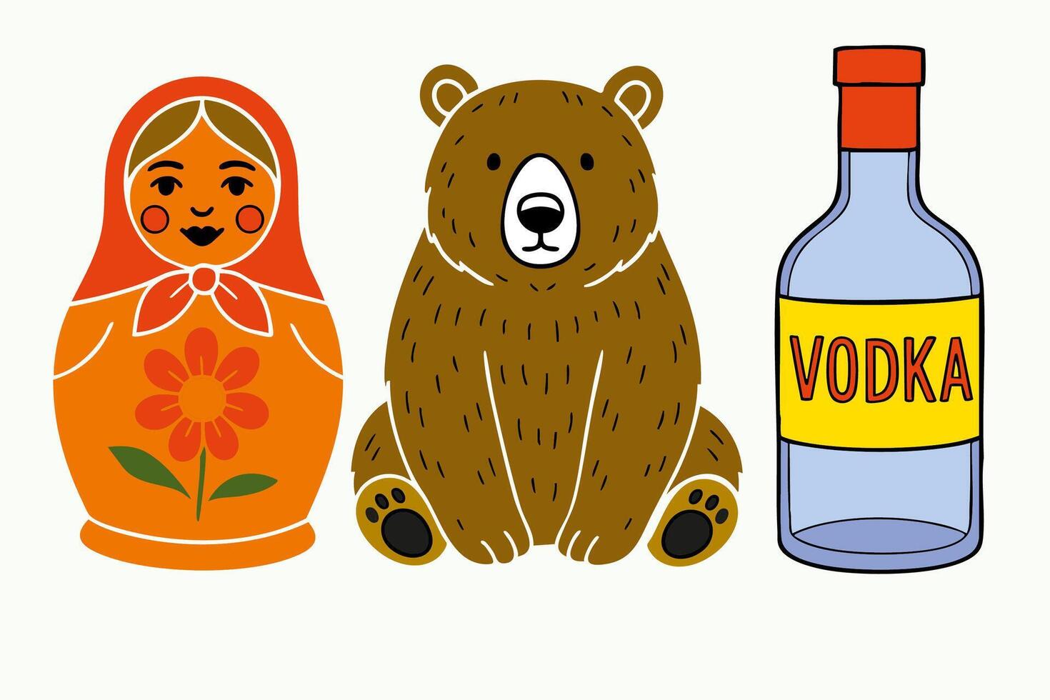 Traditional Russian elements with matryoshka doll, brown bear and vodka bottle in cartoon style on white background vector