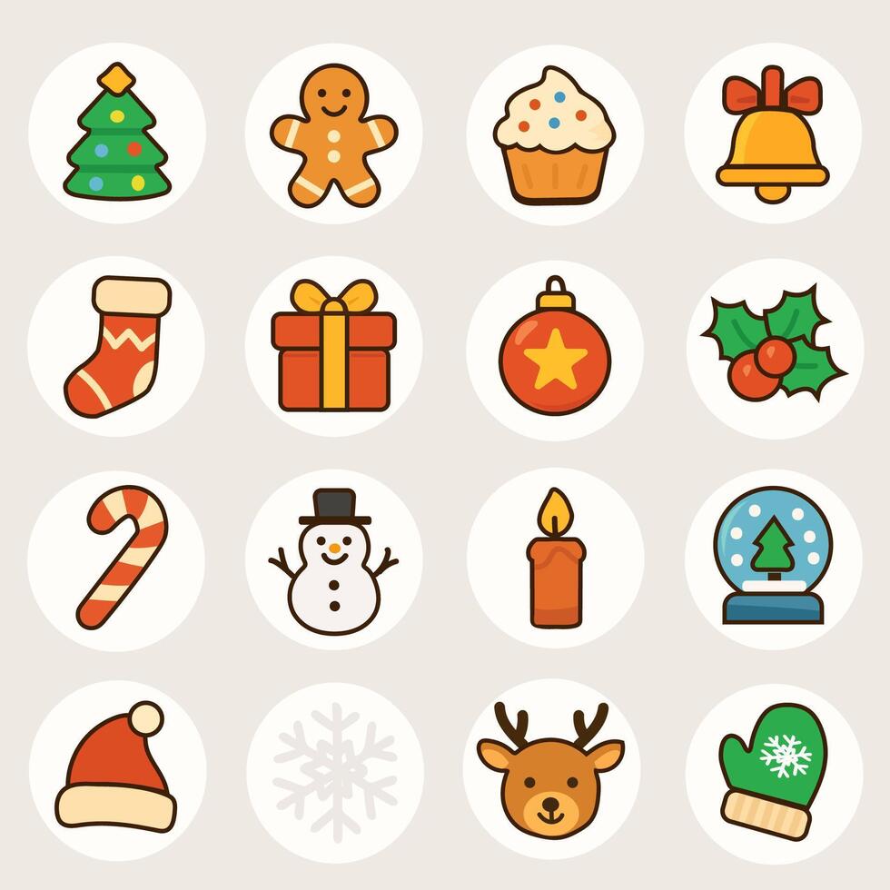 Cute Christmas icons set with tree, gingerbread man, cupcake, holiday bell, stocking, gift box, red ornament, holly leaves, candy cane and snowman, perfect for festive design vector