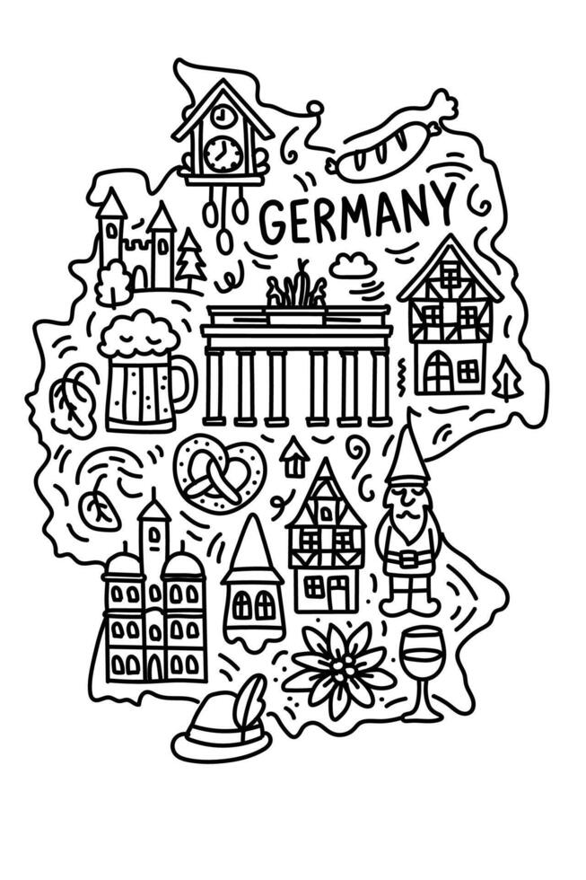 Germany map doodle with cultural symbols like beer, pretzel, gnome, cuckoo clock, sausage, houses and Brandenburg Gate vector