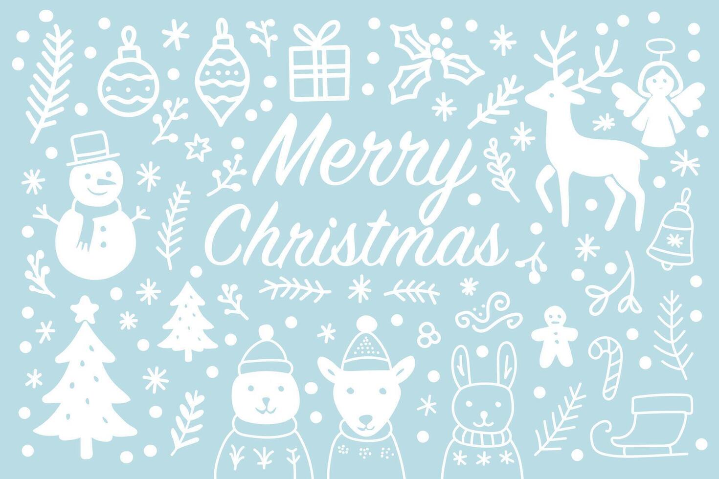 Cute white Christmas doodle illustration on blue background with animals, trees, snowflakes, reindeer, and festive elements in hand-drawn cartoon style vector