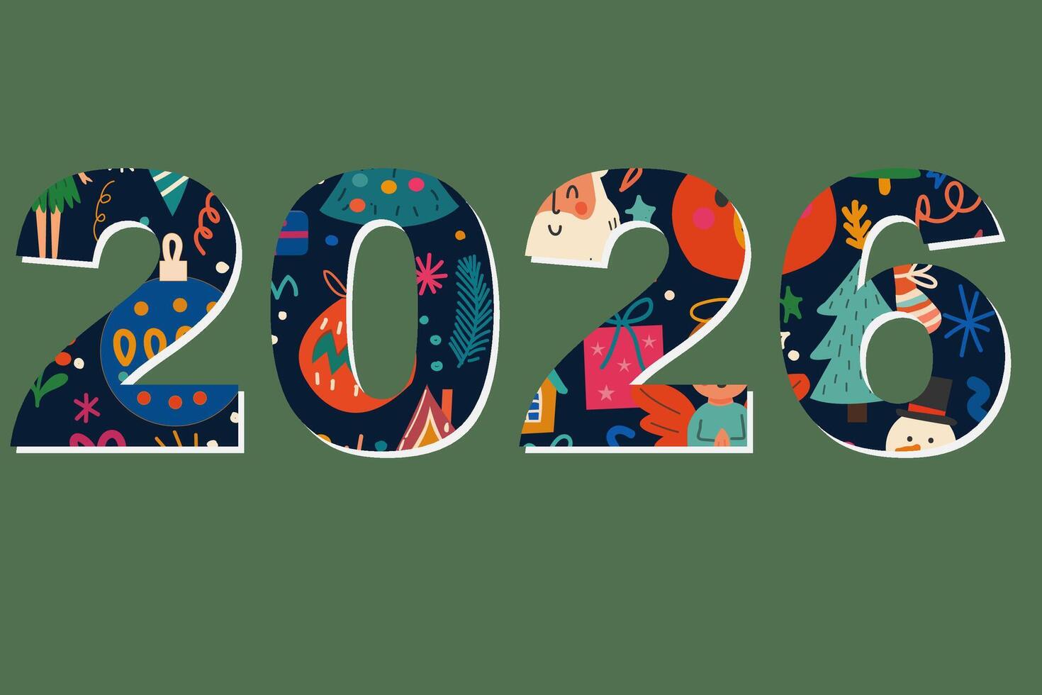 New Year 2026 festive numbers with Christmas doodle pattern, Santa Claus, gifts, ornaments, and holiday decor vector