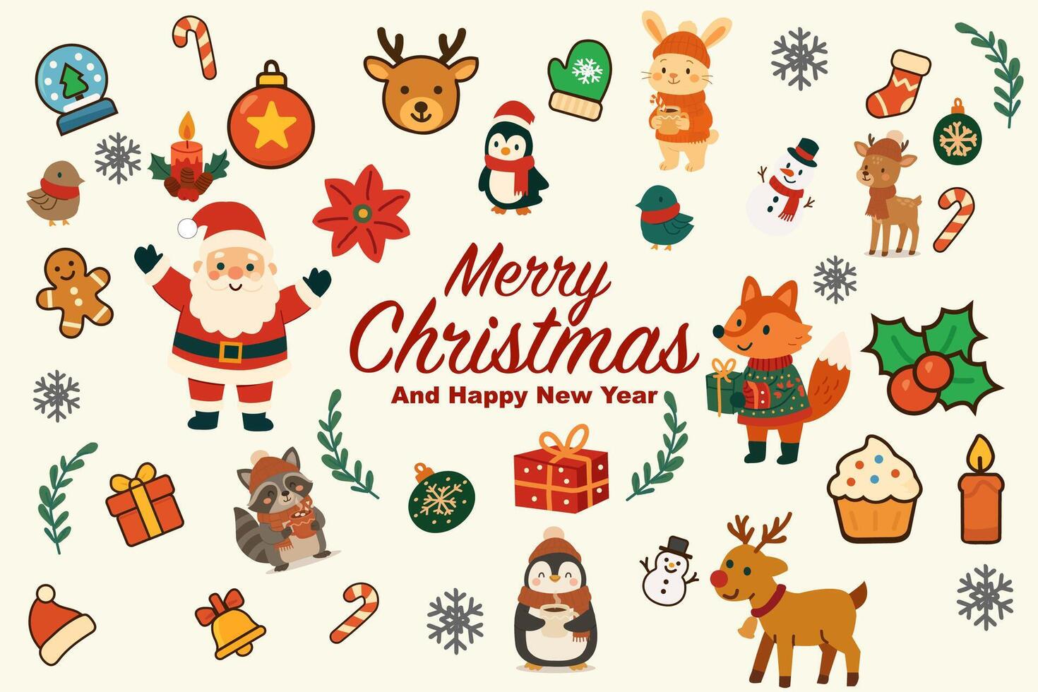Merry Christmas with Santa, fox, deer, raccoon, penguin, bunny, gifts, snowflakes, ornaments, holly and festive icons for holiday cards and seasonal decoration vector