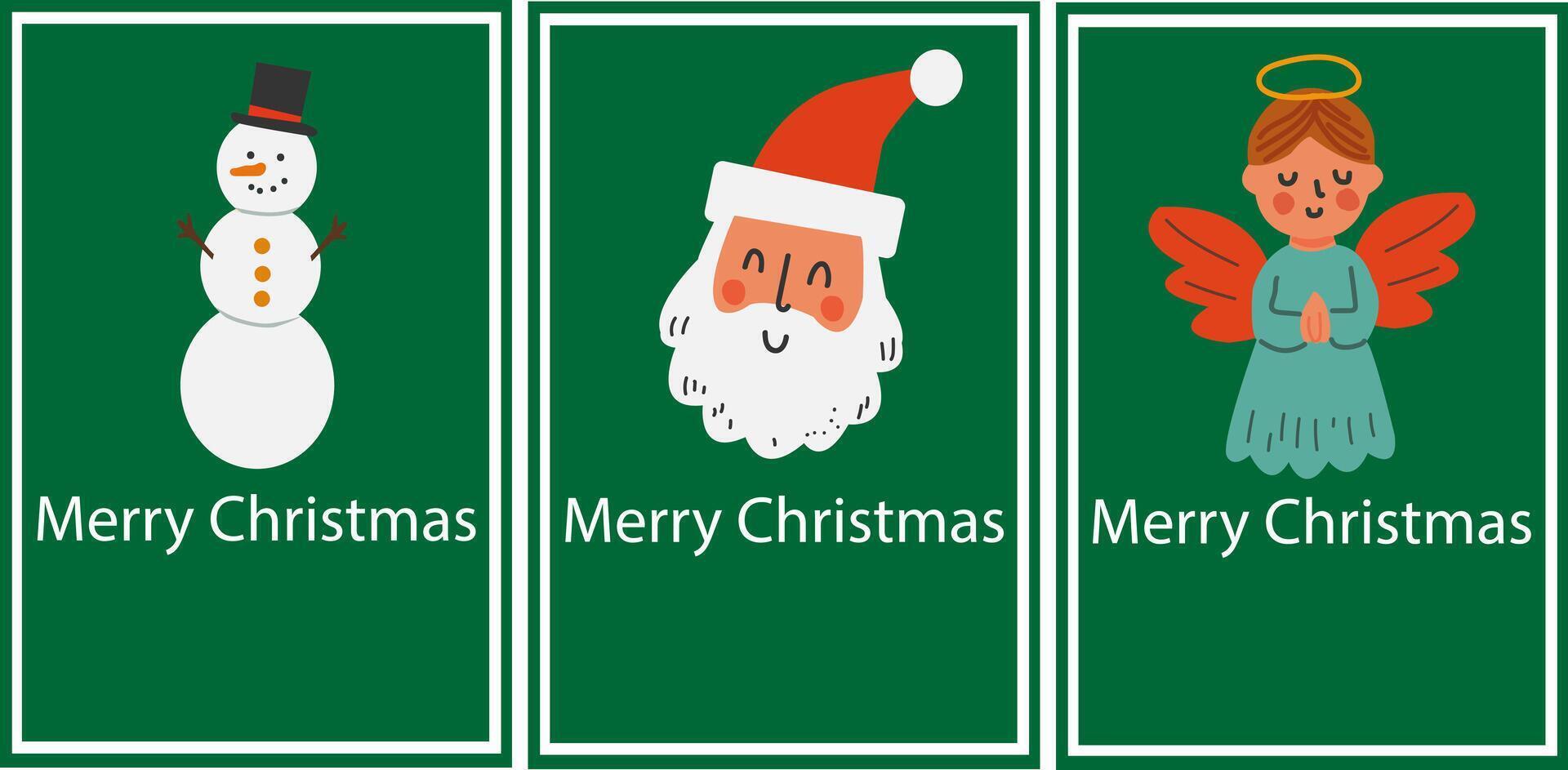 Christmas postcard set with Santa Claus, angel and snowman on green background, holiday greeting cards with cartoon characters vector