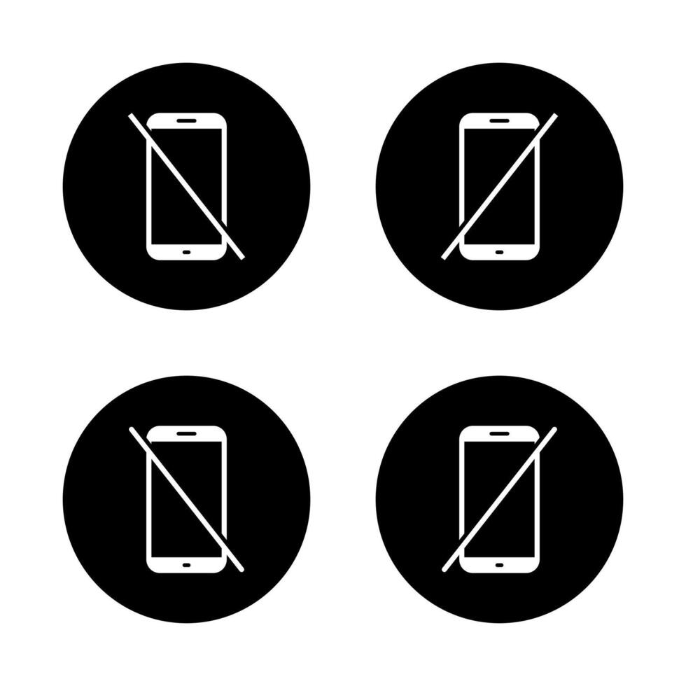 No mobile phone icon set. Do not use smartphone sign. Cellphone ban symbol in black circle vector