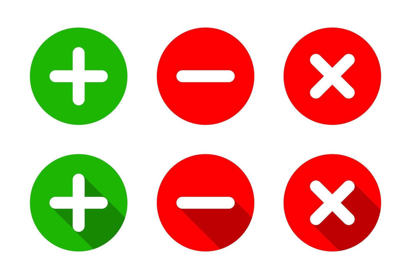 Add, remove, and delete icon. Plus, minus, and cross symbol with long shadow vector