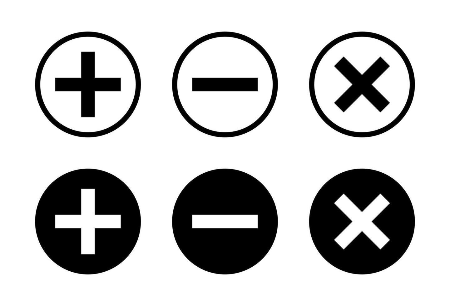 Add, remove, and delete icon. Positive, negative, and close symbol. Plus, minus, and cross sign in black circle vector