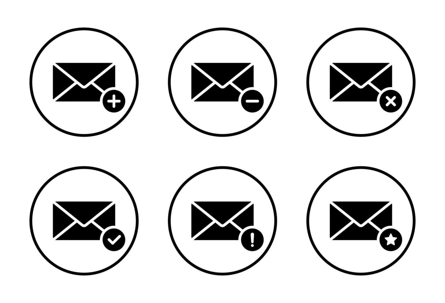 Email envelope icon set with status badges. Includes plus, minus, delete, confirm, warning, and star symbol in circular outline vector