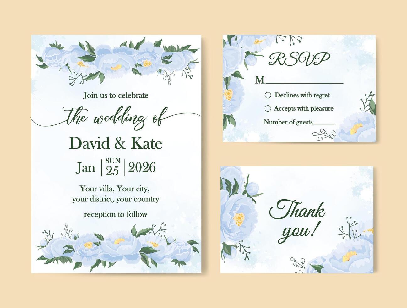 Blue flowers elegant wedding invitation set template Peonies design RSVP card vector