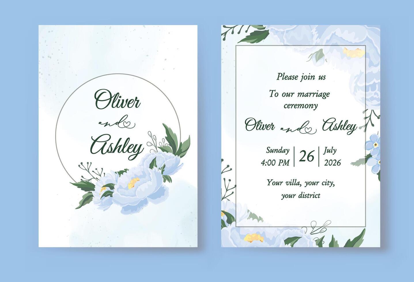 Wedding invitation template set with romantic blue peonies Beautiful floral design vector